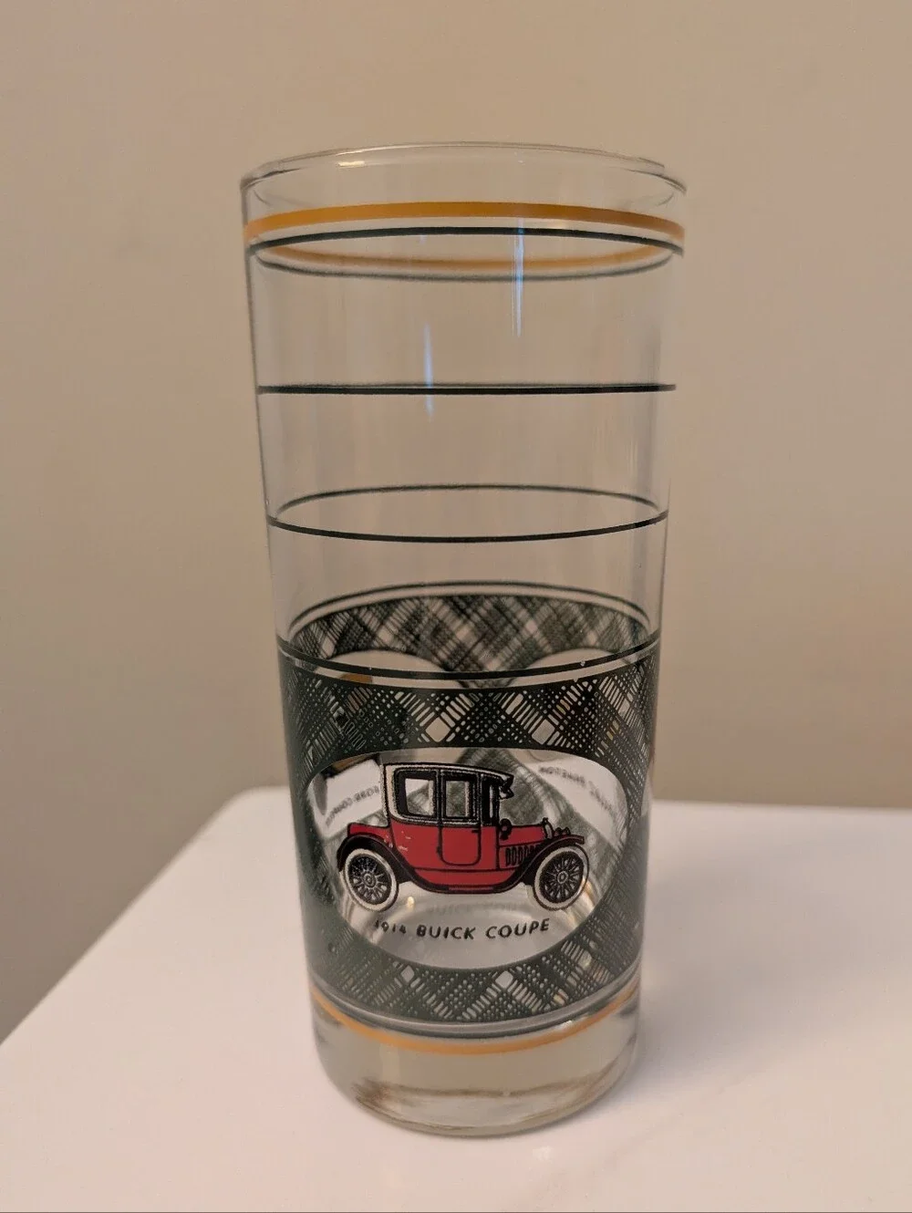 MCM Vintage Libbey Classic Antique Cadillac Plaid Tumbler Glass Gold Rim